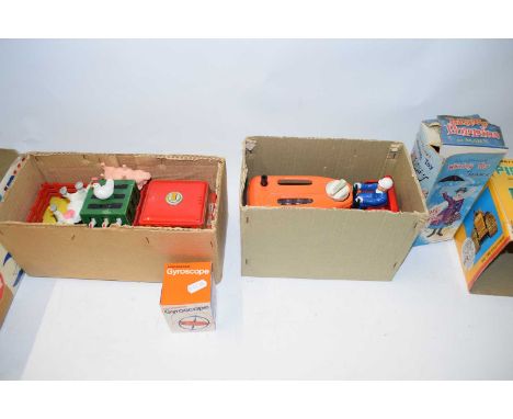 MIXED LOT BATTERY OPERATED PISTON TRACTOR, MARY POPPINS WHIRLING TOY, MARX FARM TRUCK, AND A GIROSCOPE (4)