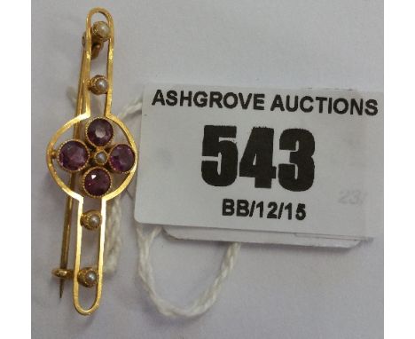 An Antique Gold Amethyst & Pearl Brooch.