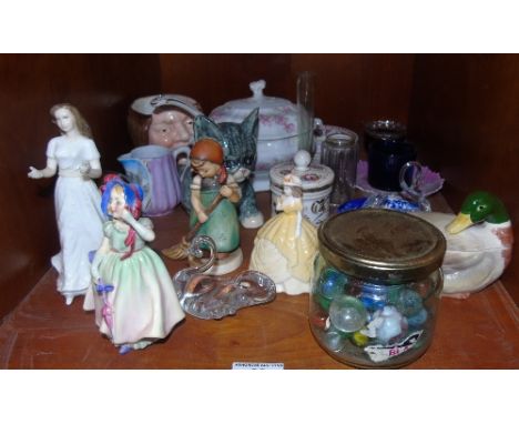 A Shelf of Ornamental Items to include a Royal Doulton Figure, a Goebel Figure, a Coalport Figure, Coalport Pot, etc.