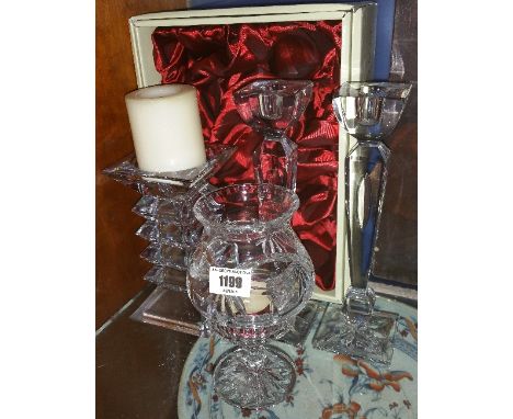 Galway Crystal: A Pair of 'Shannon' 10 Inch Candlesticks, Tea Light Holder & Another Candlestick.