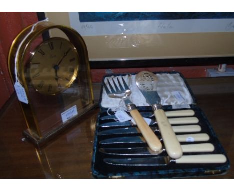 A Pair of Victorian Fish Servers, A Set of Six Bone Handled Knives &amp; a Modern Gilt Brass Mantel Clock.