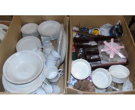 A Modern China Dinner & Tea Service for Six, complete and decorated with pink roses, together with a box of mugs, flatware, e