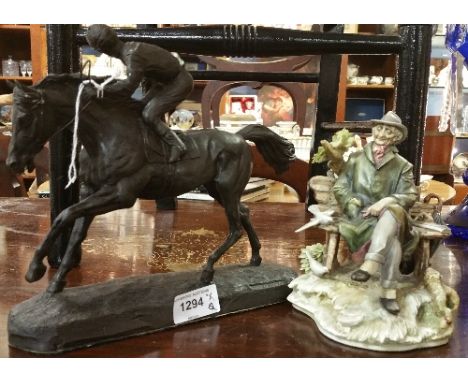 A Bronzed Figure of a Horse and Jockey; with a Borsato figurine of a man on a bench.