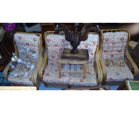 A Collection of Furniture with a cane conservatory suite, small apprentice side table, table and four chairs, a ceramic and b