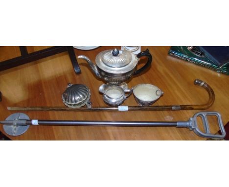 A Silver Topped Walking Stick, together with a shooting stick and a silver-plated tea service.