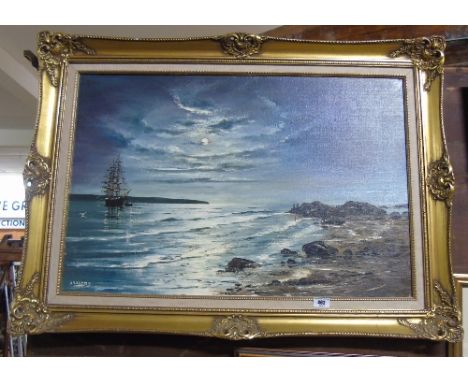 An Oil on Canvas by Nigel Hallard (born 1936) -  Moonlit Seascape.