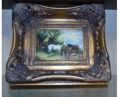 A Coloured Print of Horses and Foals in a Wide Gilt Frame.