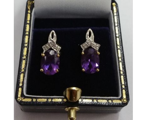 A Pair Of Gold Diamond & Amethyst Drop Earrings.