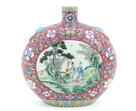 Light purple ground with Famille Rose enamels depicting scene with Chinese figures in garden and in Pagoda,  Qianlong mark, 2