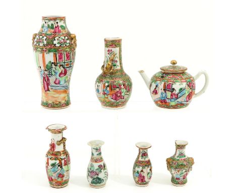 Including 6 Cantonese vases and teapot, vase is 19 cm. tall, chip.