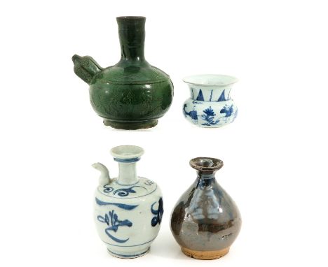 Including pitcher, kendi and 2 vases, kendi is 17 cm. tall, chip and hairline.