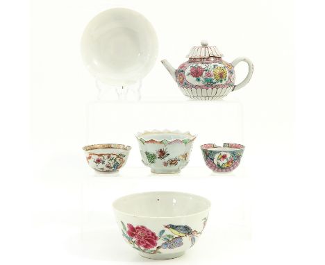 Including covered bowl, teapot, 3 cups, bowl is 14 cm. in diameter, in diverse conditions.