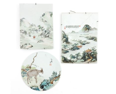 Landscape decors, largest tile is 26 x 19 cm., largest tile is restored. 