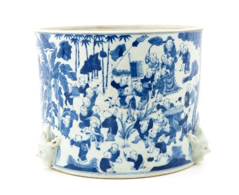 Depicting Chinese children playing in garden with figural heads on base, Jiaqing mark, 22 cm. tall x 27 cm. in diameter. 