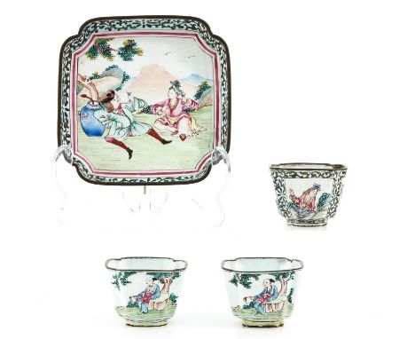 Including 3 cups and 1 small tray, depicting European scene in Famille Rose enamels, tray is 10 x 10 cm., some hairlines in e