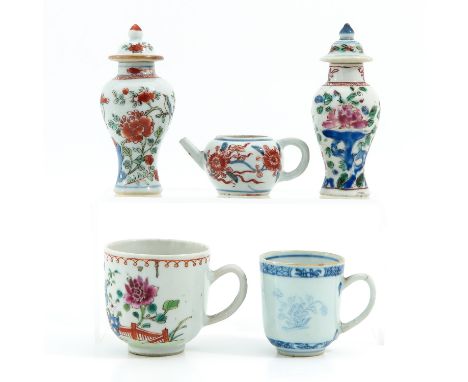 Including 2 cups, 2 miniature vases and teapot, tallest vase is 12 cm., in diverse conditions.