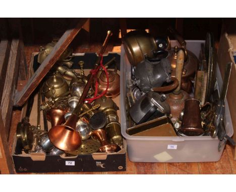 Two boxes of metalwares including bugle, elephant, teapots, etc.