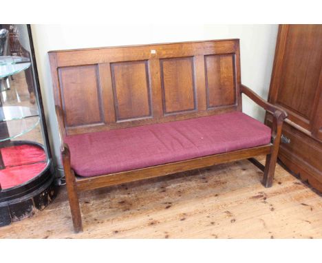 Antique oak and mahogany quadruple panel back settle, 100cm by 148cm.