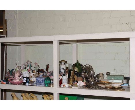 Collection of china, glass, metalware, brass oil lamp, Victorian green glass dump, etc.