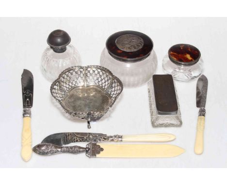 Silver and tortoiseshell topped scent bottle and two toilet jars, trinket jar, bon bon dish, and four silver and ivory knives