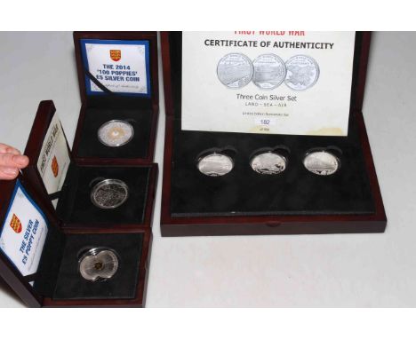 Collection of silver proof coins with COAs and boxed inc: The Silver £5 Poppy Jersey and The 2014 '100 Poppies' £5 By Royal B
