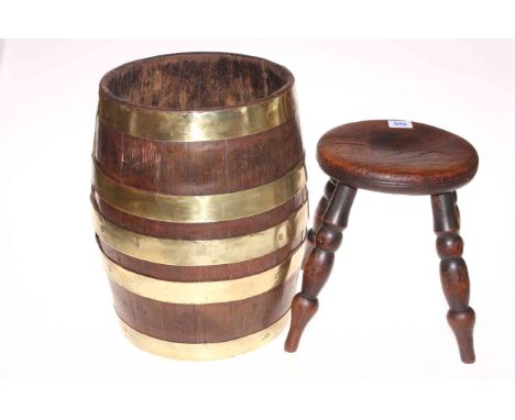 Coopered oak and brass bound barrel style bucket and a milking stool.