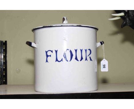 Vintage enamel flour jar, 24cm high.