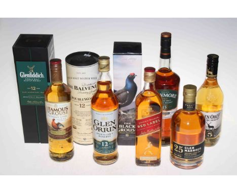 Nine bottles of Scotch whisky including Balvenie, Glenfiddich, Bowmore and Glen Marnoch single malts.