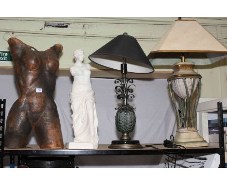 Venus de Milo and torso sculptures, two table lamps, wood plane, Ducal trinket set, pictures, etc.