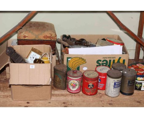 Vintage tins, clocks, stool, metalwares, camera, etc.