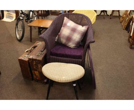 Lloyd Loom rocking chair, Lloyd Loom stool, oval wall mirror and two vintage suitcases (5).