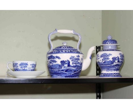 Four pieces of blue and white Spode 'Tower' including kettle and lidded jar.