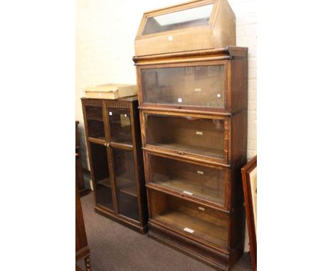 Oak Globe Wernicke four height stacking bookcase (lacking bottom door), two door oak bookcase, prayer book table cabinet and 