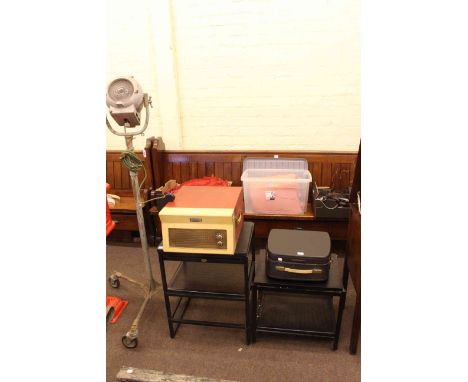 Appolo Mid Century music stand, Strand adjustable spot lamp, two pairs curtains and bed cover.
