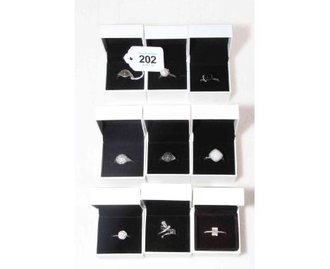 Collection of nine Pandora silver rings, size R/S, boxed.