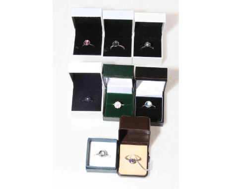 Collection of eight Pandora silver rings, size R/S, boxed.