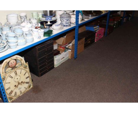 Large collection of clock parts, tools, clock dials, etc.