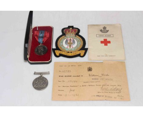 Imperial Service medal awarded to Walter Robinson Bell in Royal Mint box, Bomber Command RAF patch, ephemera, etc.