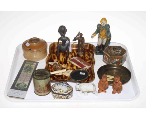 Tray lot of collectors pieces including antique Delft box, Indian inlaid box, miner figure, Stevengraph bookmark, etc.