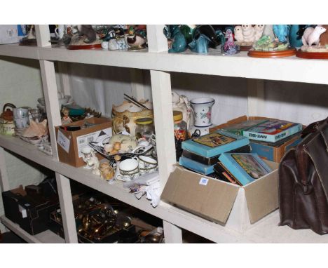 Fibre optic Christmas village, full shelf of glass and china, leather bag, 1980's Acetronic games console and games, etc.