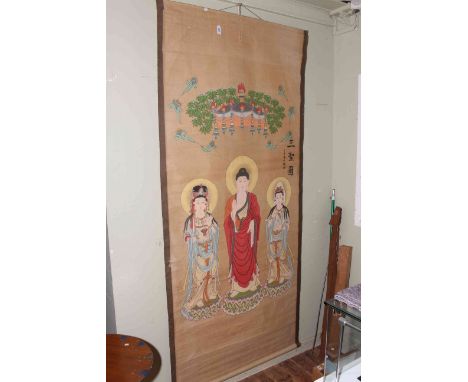 Large signed and inscribed Chinese scroll painting depicting 'The Three Buddha's'.