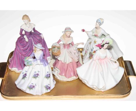 Three Royal Doulton ladies, Royal Worcester Sweet Violet and Wedgwood Rose figures (5).
