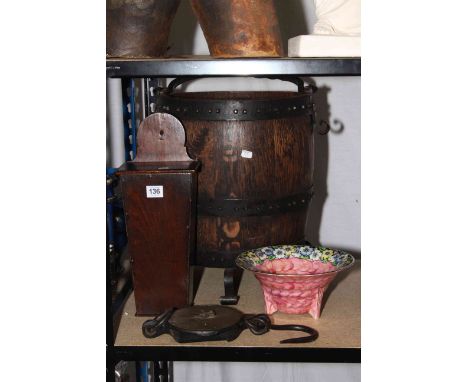 Oak coopered and cast metal coal bucket, mahogany candle box, Maling bowl and balance scale.