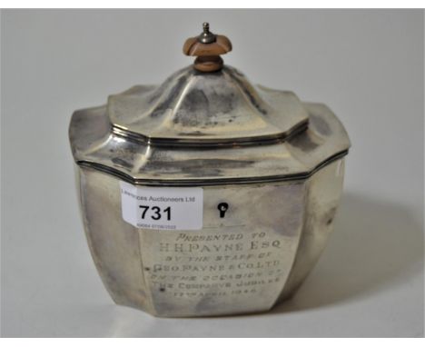 London silver tea caddy, the hinged cover mounted with a boxwood finial on waisted shaped body, makers mark J.P, 11.5ozs 