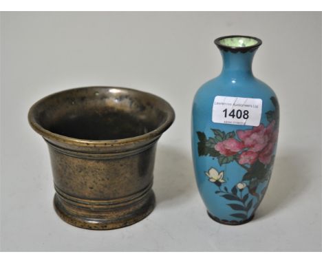 20th Century cloisonne floral decorated baluster form vase on sky blue ground and an antique bronze mortar (at fault) 