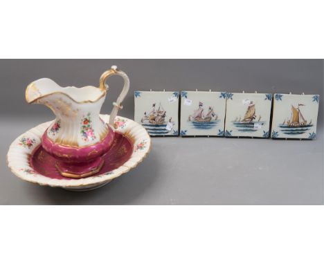 19th Century gilt and handpainted floral decorated jug and basin on white and purple ground (at fault) and a group of four 20
