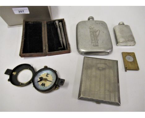 E.R Watts London military compass, together with two hip flasks, cigarette case and two propelling pencils 