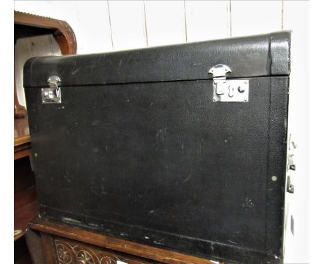 Large early 20th Century faux leather covered car trunk with chrome handles and lock plates, 30ins wide x 21ins high x 16ins 