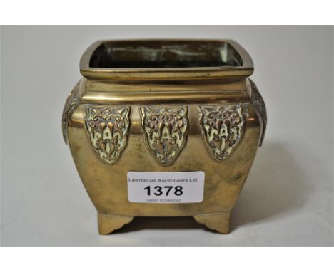 Small 19th Century Japanese bronze censer of square baluster form with relief decoration, 3.5ins x 4.25insIn good condition, 