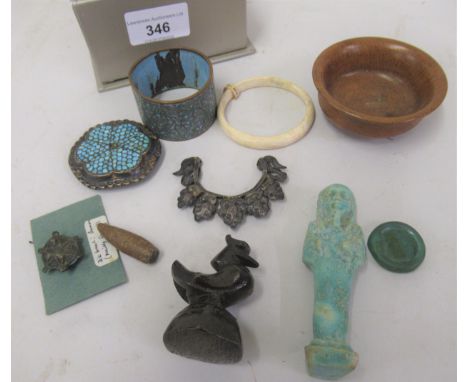 Roman disc brooch, bronze opium weight, an Egyptian ushabti figure (at fault) and sundries 